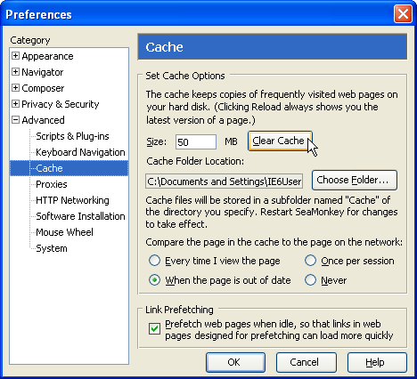 Clearing the cache in SeaMonkey