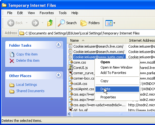 Deleting cookies in Internet Explorer 6