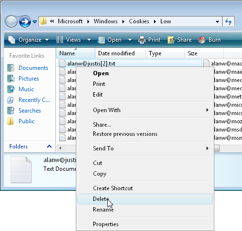 Deleting cookies in Internet Explorer 7