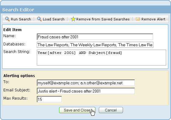 The Search Editor dialog box, expanded for alerting