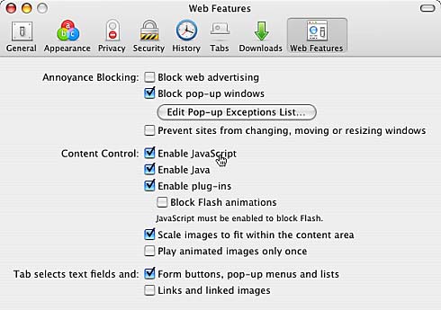 Enabling JavaScript in Camino