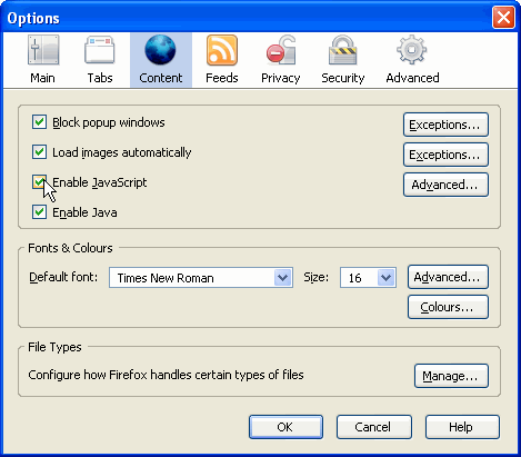 Enabling JavaScript in Firefox