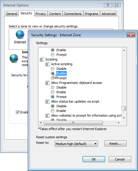 Enabling JavaScript in Internet Explorer 7