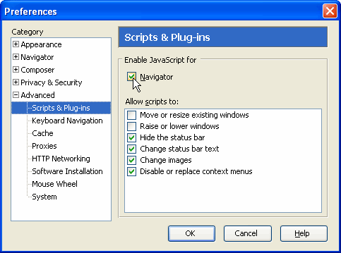 Enabling JavaScript in SeaMonkey