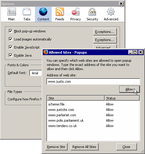 Allowing selected pop-ups in Firefox