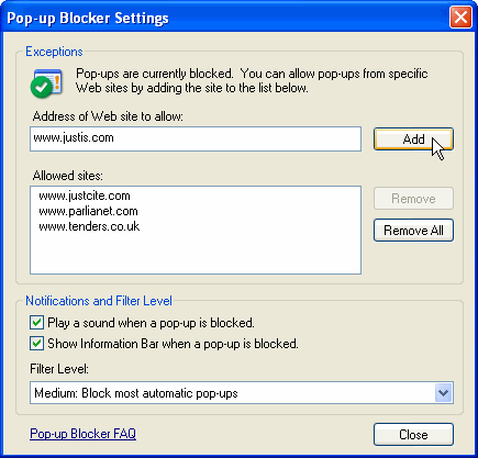 Allowing pop-ups from Justis in Internet Explorer 6