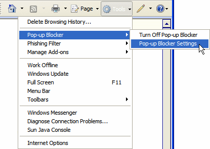 Pop-up blocker settings in Internet Explorer 7