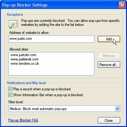 Allowing selected pop-ups in Internet Explorer 7