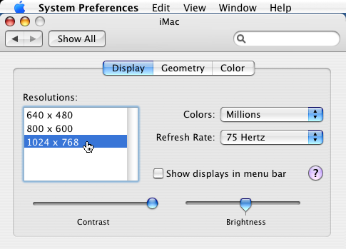 Setting colour depth and resolution in Mac OS X 10