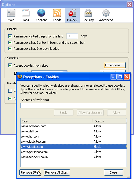 Unblocking cookies in Firefox