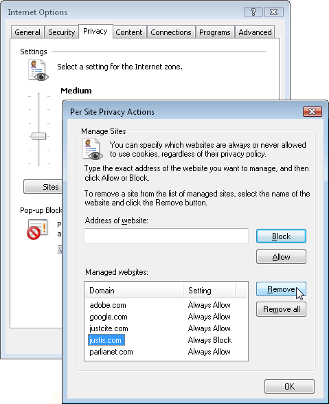 Unblocking cookies in Internet Explorer 7