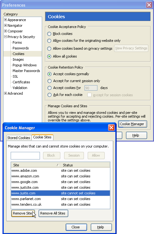 Unblocking cookies in SeaMonkey