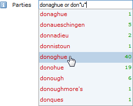 Wild cards generating suggestions in the Parties field